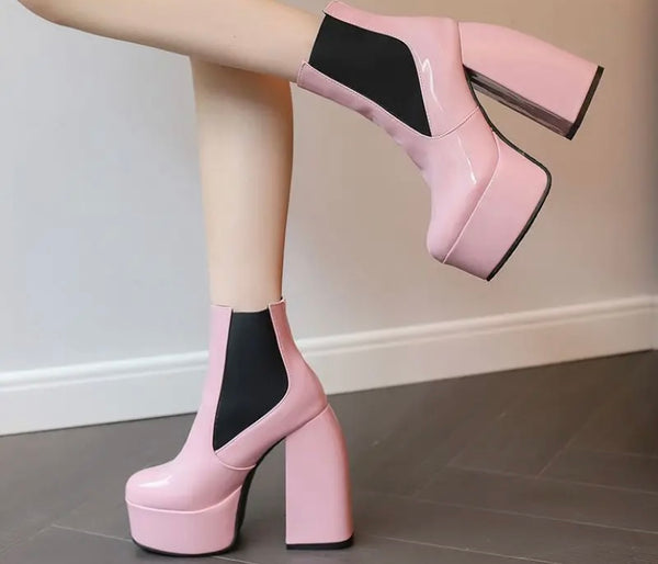 Women Fashion Round Toe Platform Patent Leather Ankle Boots