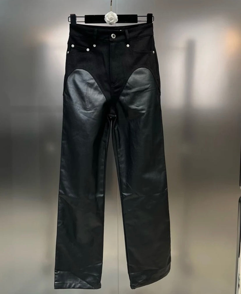 Women Fashion Faux Leather Denim Patchwork Pants