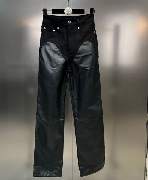 Women Fashion Faux Leather Denim Patchwork Pants