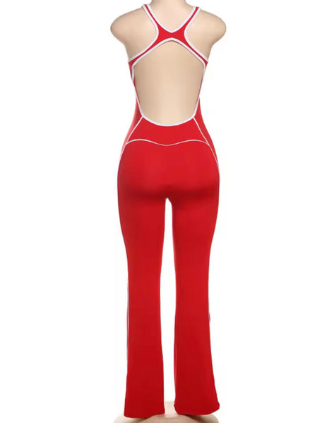 Women Sleeveless Striped Color Open Back Fashion Jumpsuit