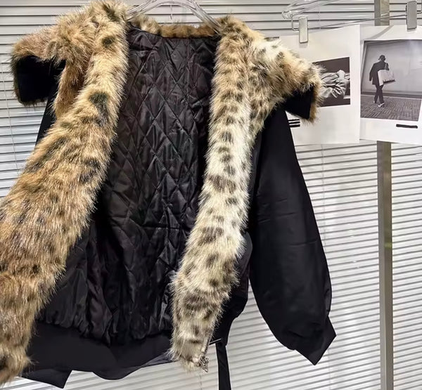 Women Black Leopard Faux Fur Patchwork Belted Jacket