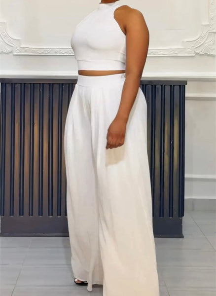 Women Solid Color Sleeveless Crop Two Piece Wide Leg Pant Set