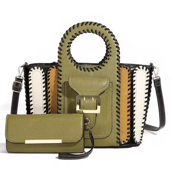 Women Fashion Color Patchwork Buckled Wallet Purse Set