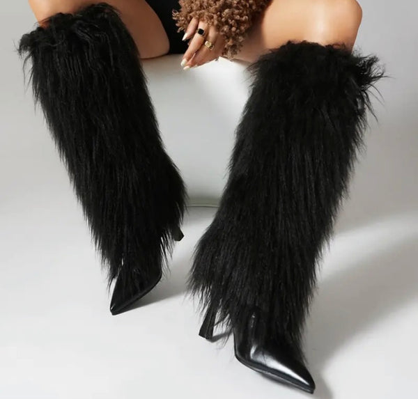 Women Color Fashion Faux Fur Knee High Boots