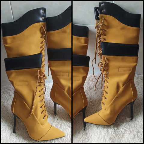 Women Pointed Toe Lace Up Knee High Fashion Boots