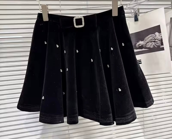 Women B&W Ruffled Full Sleeve Suede Rhinestone Three Piece Skirt Set