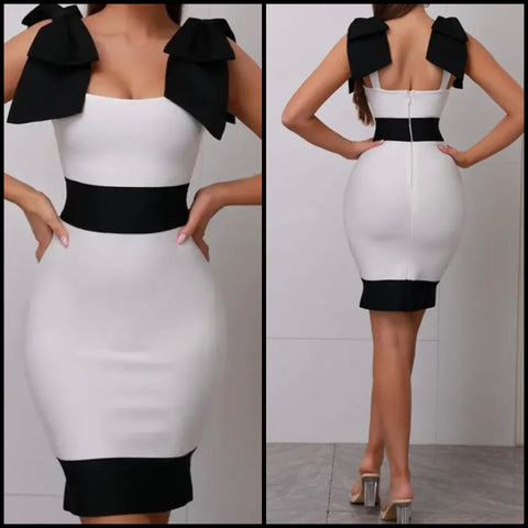 Women Sexy Bow B&W Sleeveless Back Zipper Dress