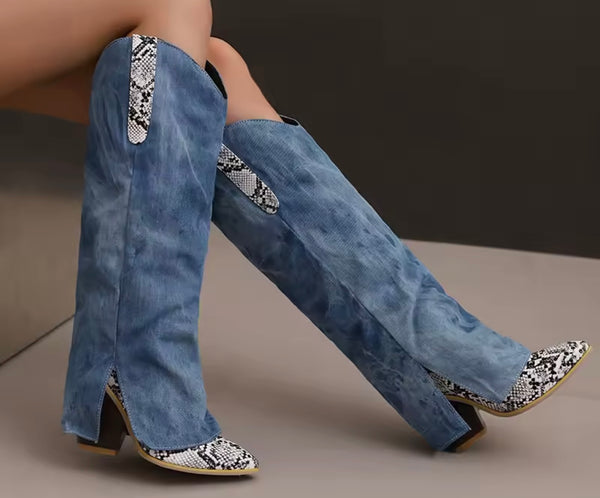 Women Fashion Color Animal Print Denim Knee High Western Boots