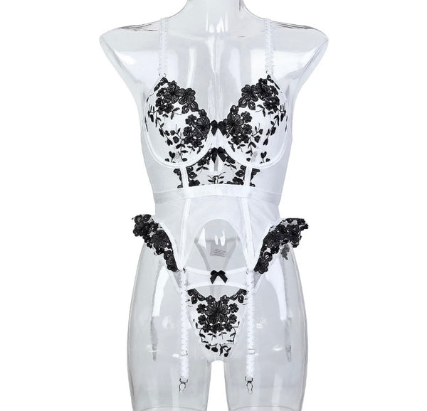 Women Sexy White/Black Floral Mesh Lingerie Set