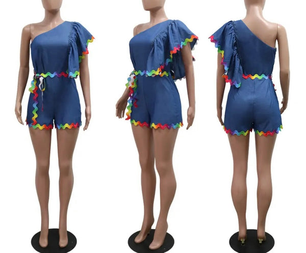 Women Sexy One Shoulder Color Patchwork Fashion Romper