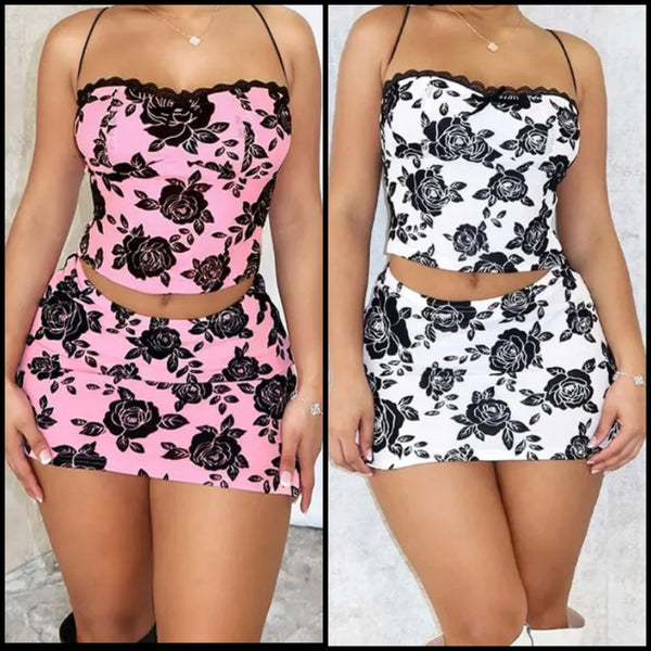 Women Sexy Sleeveless Floral Print Two Piece Skirt Set