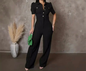 Women Color Button Up Short Sleeve Fashion Jumpsuit