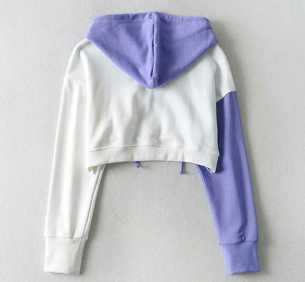 Women Fashion Color Patchwork Hooded Crop Top