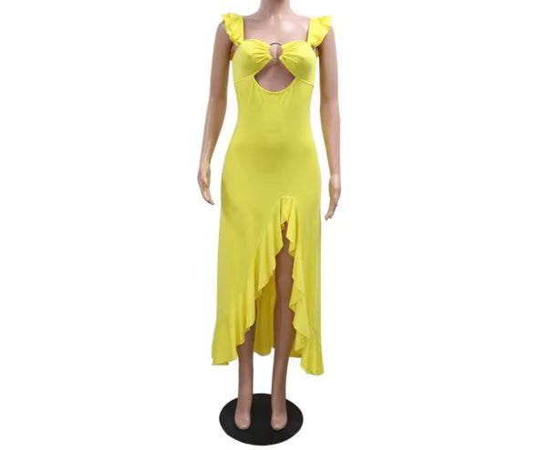Women Solid Color Sleeveless Ruffled Side Split Sexy Dress