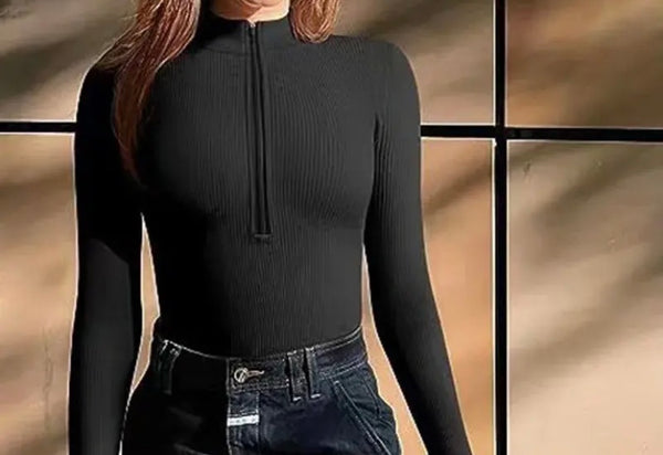 Women Fashion Ribbed Front Zipper Full Sleeve Bodysuit Top