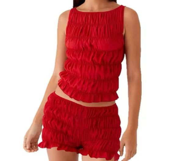 Women Sleeveless Solid Color Ruffled Crop Two Piece Short Set