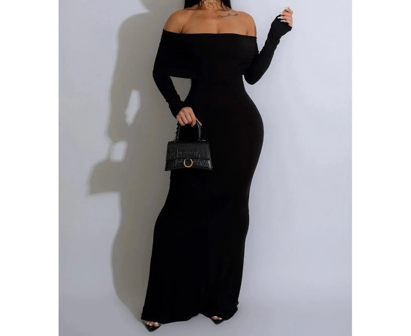 Women Sexy Solid Color Off The Shoulder Full Sleeve Maxi Dress