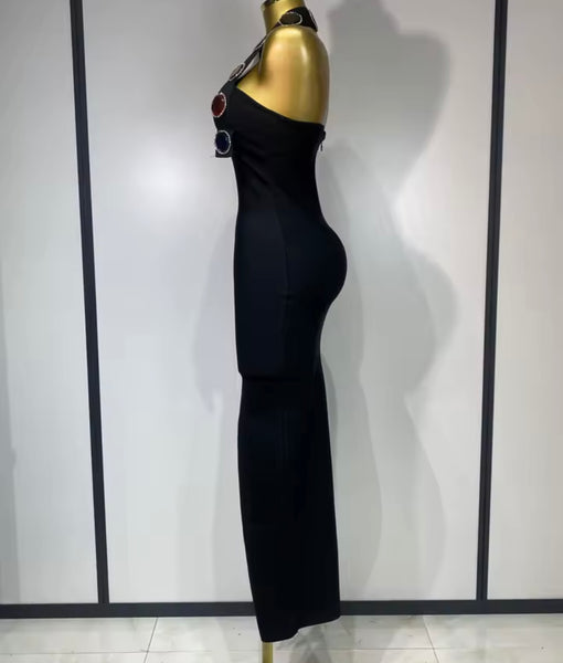 Women Black Halter Sleeveless Color Crystal Sexy Maxi Dress