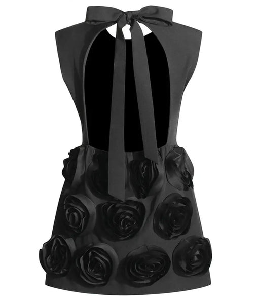 Women Black Sexy Sleeveless 3D Floral Open Back Dress