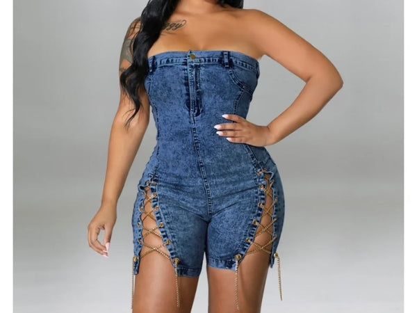 Women Sexy Strapless Chain Lace Up Denim Romper