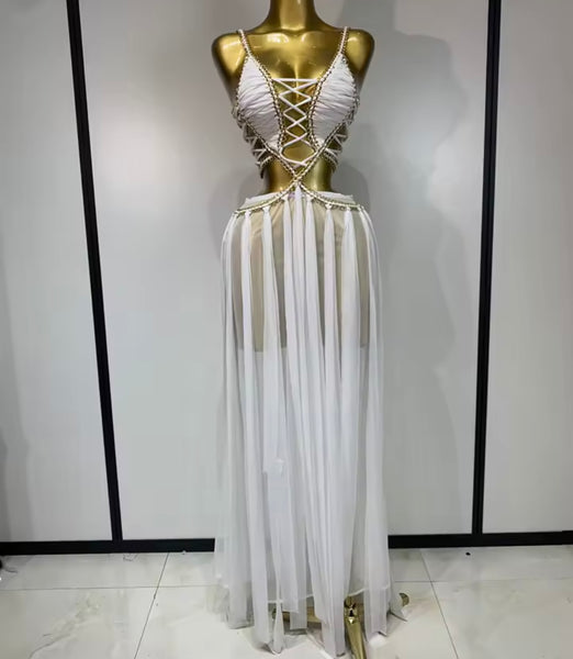 Women Sexy Sleeveless Chain Lace Up Mesh Maxi Dress