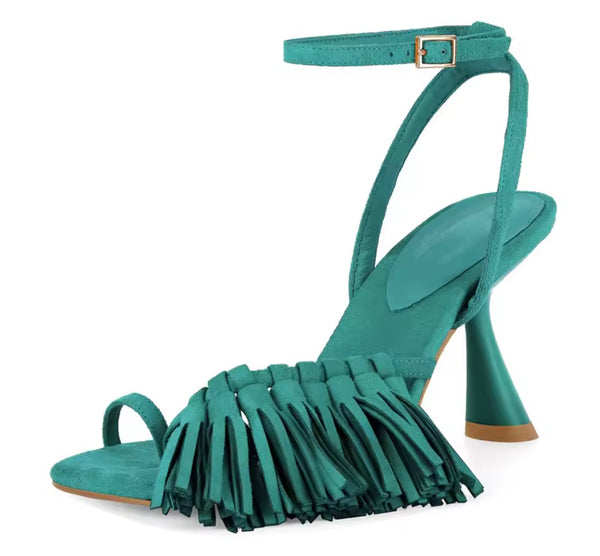 Women Open Toe Fringe Ankle Strap High Heel Sandals