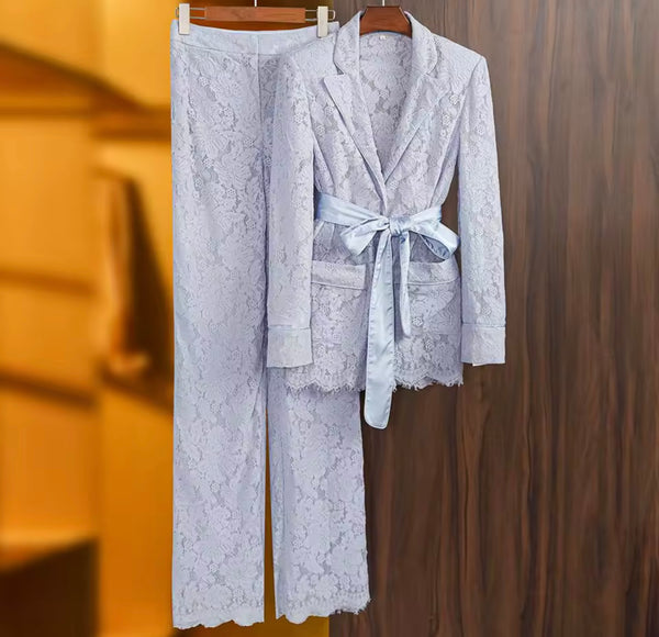Women Fashion Blue Lace Full Sleeve Blazer Two Piece Pant Set