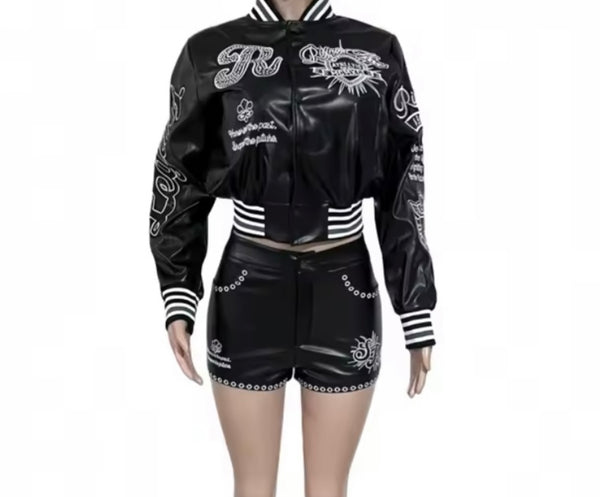 Women Printed Faux Leather Jacket Two Piece Short Set