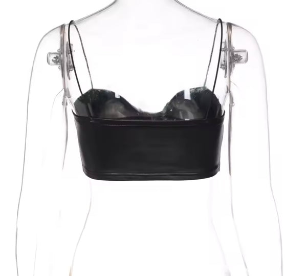 Women Sexy Sleeveless Black PU Bralette Top