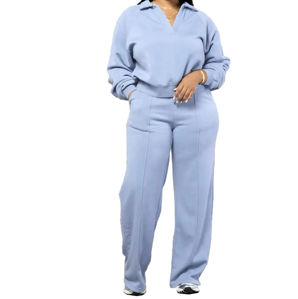 Women Fashion Solid Color Full Sleeve Sweatsuit Two Piece Pant Set