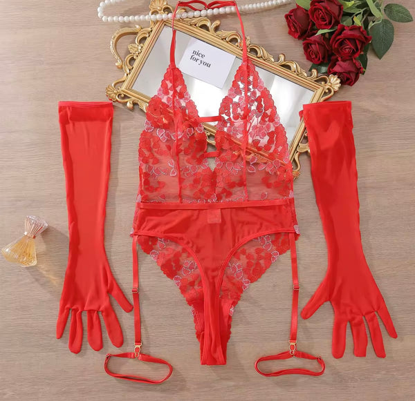 Women Red Heart Sexy Bodysuit Glove Lingerie Set