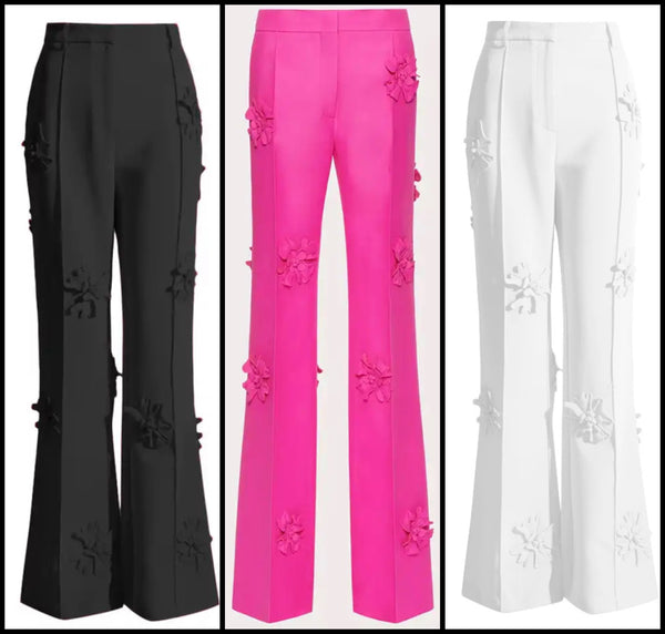 Women Fashion Solid Color 3D Floral Patchwork Pants
