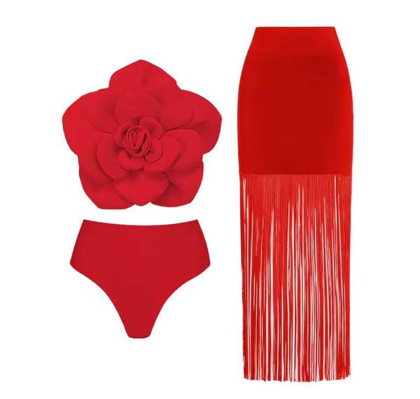 Women Sexy Color 3D Floral Bikini Tassel Cover Up Set