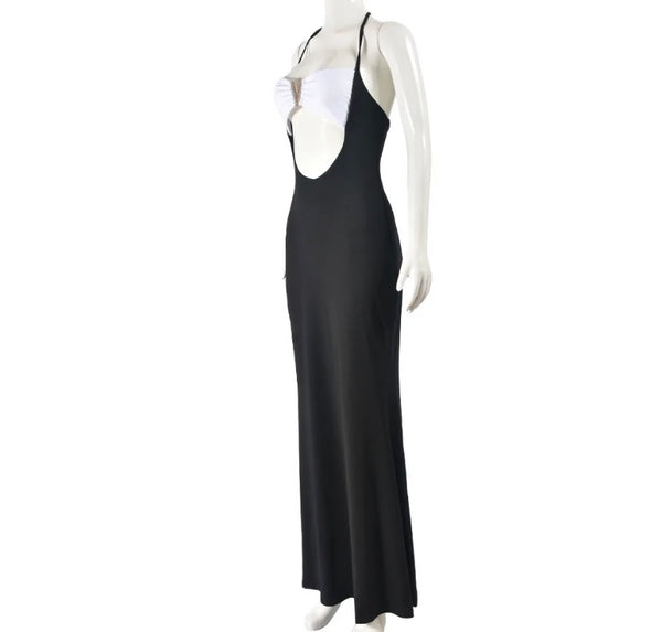 Women Sexy B&W Bling Halter Sleeveless Cut Out Maxi Dress