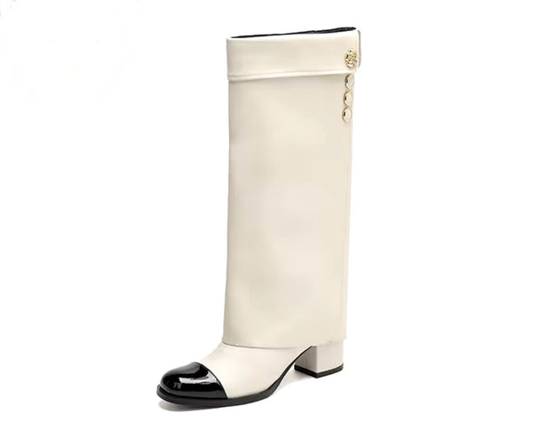 Women Fashion Faux Leather Gold Button Knee High Boots