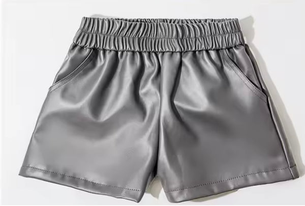 Women Fashion Color Elastic Waist Faux Leather Shorts