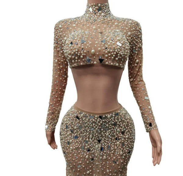 Women Nude Sexy Beaded Bling Full Sleeve Two Piece Mesh Skirt Set