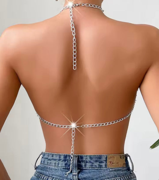 Women Sexy Halter Chain Sleeveless Crystal Crop Top