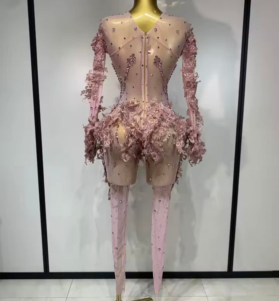 Women Sexy Pink Embroidered Rhinestone Full Sleeve Jumpsuit