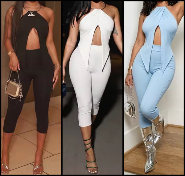 Women Sexy Metal Halter Two Piece Capri Pant Set