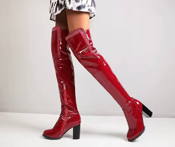 Women Fashion Rhinestone Patent Leather Over The Knee Boots