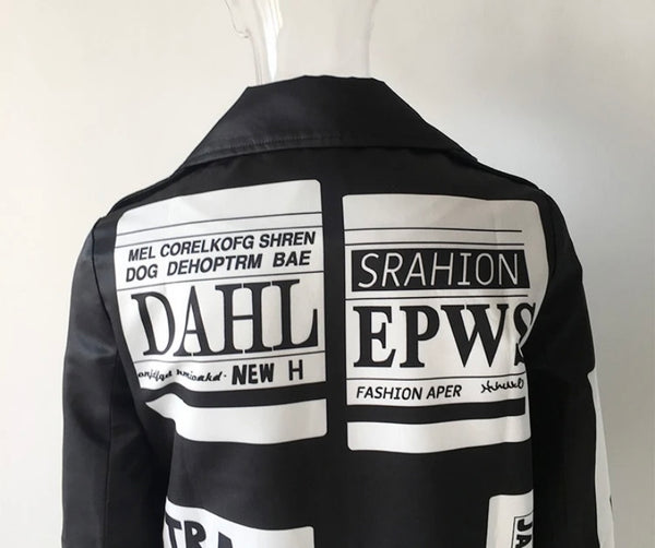 Women B&W Letter Print Fashion Trench Jacket