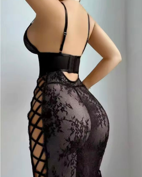 Women Lace Sleeveless Cut Out Tie Up Sexy Nightgown Lingerie