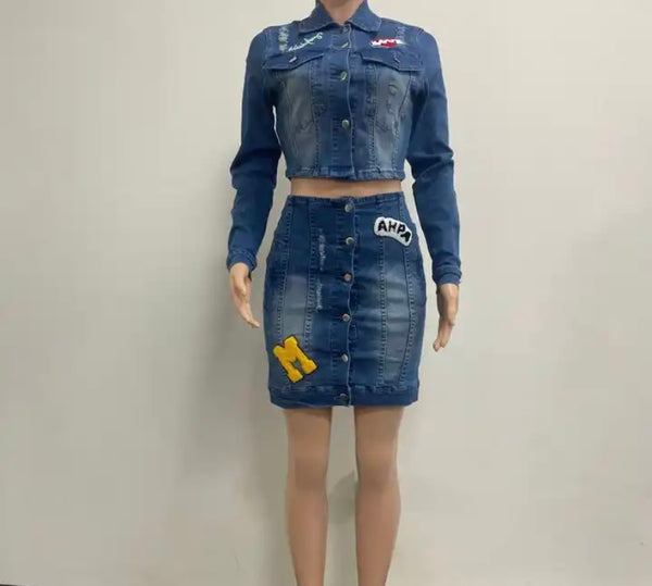 Women Sexy Fashion Printed Patchwork Denim Two Piece Skirt Set