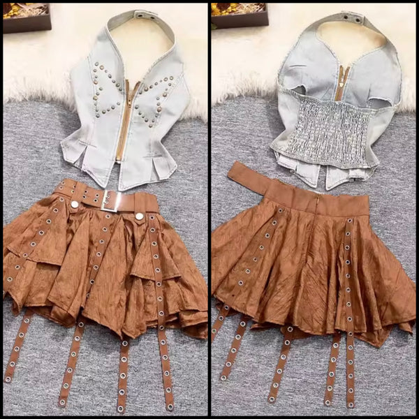 Women Rivet Zip Up Denim Halter Sleeveless Two Piece Pleated Skirt Set