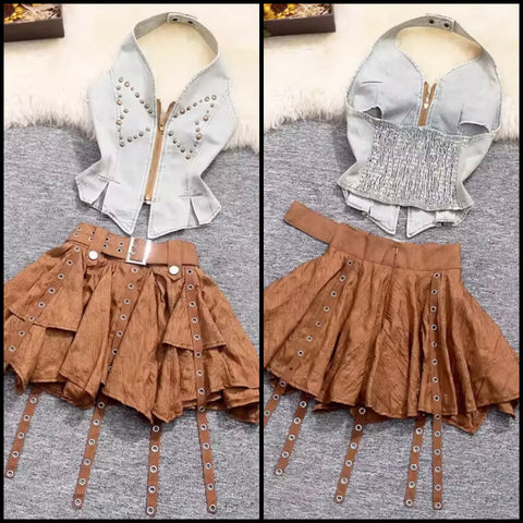 Women Rivet Zip Up Denim Halter Sleeveless Two Piece Pleated Skirt Set