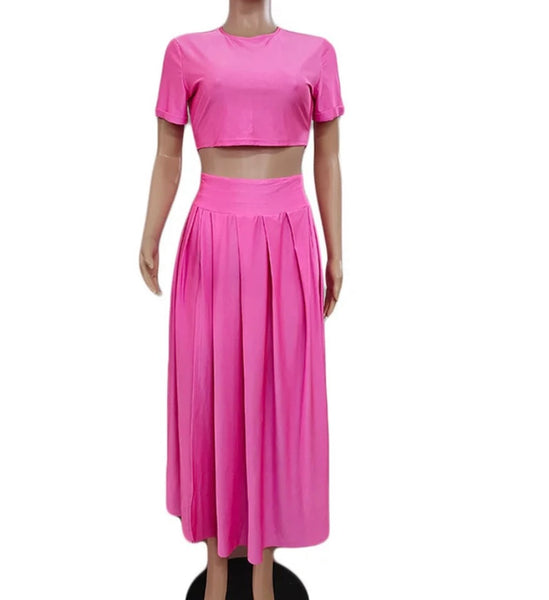 Women Fashion Short Sleeve Solid Color Two Piece Maxi Skirt Set