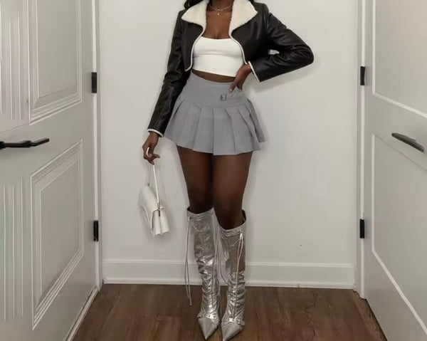 Women Fashion Faux Leather Jacket Two Piece Pleated Skirt Set