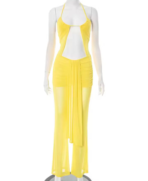 Women Sexy Halter Sleeveless Cut Out Mesh Jumpsuit