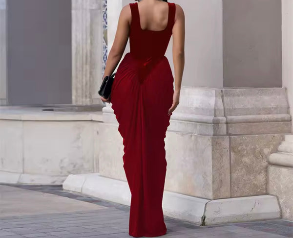 Women Sexy Sleeveless Velour Ruched Maxi Dress